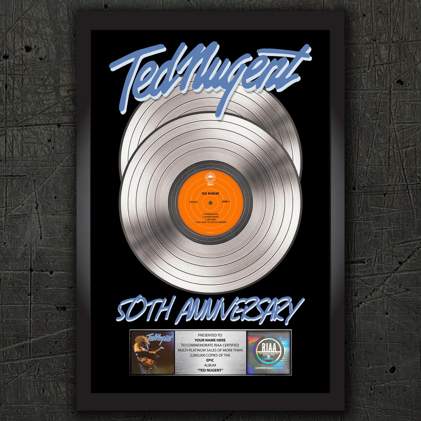 Personalized Ted Nugent Debut 2x Platinum Record RIAA Award