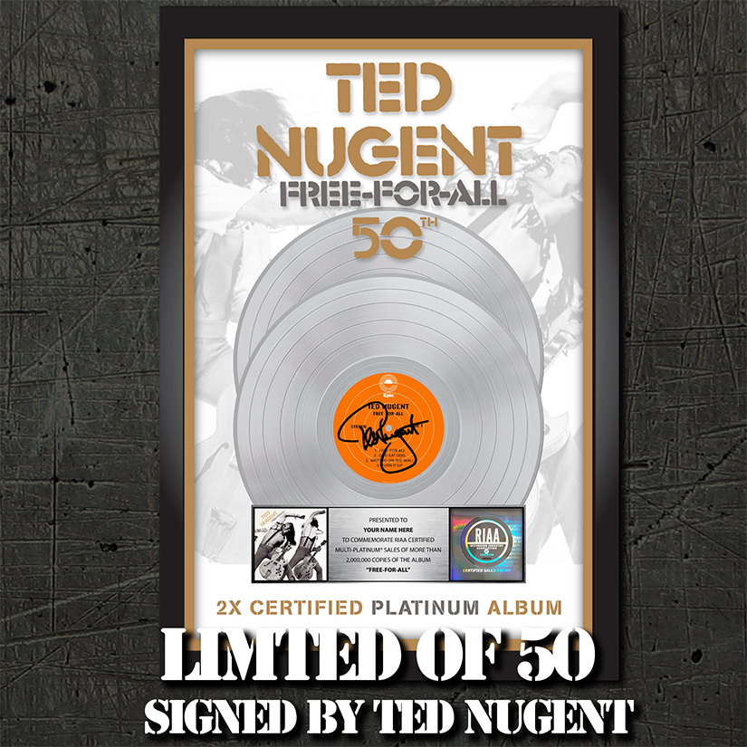 LIMITED OF 50 - Personalized Free-For-All 2x Platinum Record RIAA Award ~ SIGNED BY TED NUGENT